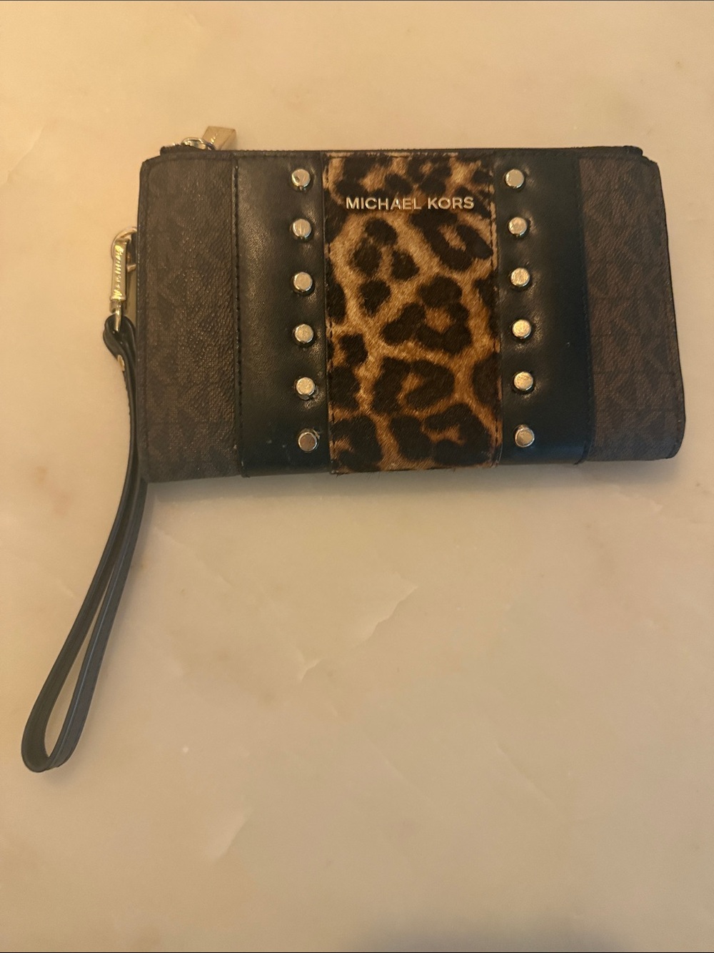 Michael Kors Leopard Print and Black Studded Wristlet
